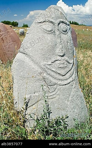 Historic grave stone, balbal, in Balasagun, silk road, Kyrgyzstan, Asia.