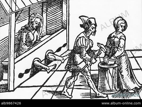 Torture of a witch during a highly embarrassing interrogation. Her hands are squeezed between wedges, torturer, another woman is trapped in the stretching board, c. 1700, Germany, Historic, digitally restored reproduction from an original of the period, Europe.