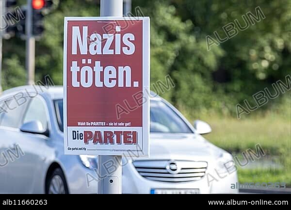 Ludwigshafen, 15 May 2024: Election poster of the party DIE PARTEI for the 2024 European elections. The party advertises with the slogan NAZIS TÖTEN.
