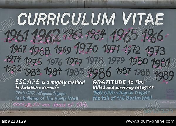 Susanne Kunjappu, Mural, "Curriculum Vitae" by Susanne Kunjappu-Jellinek on the remains of the Berlin Wall, East Side Gallery, Berlin-Friedrichshain, Germany, Europe.
