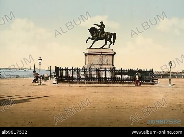 Statue of Napoleon I; Cherbourg; France; c. 1890; Historical; digitally enhanced reproduction of a photochrome print from 1895; Europe.