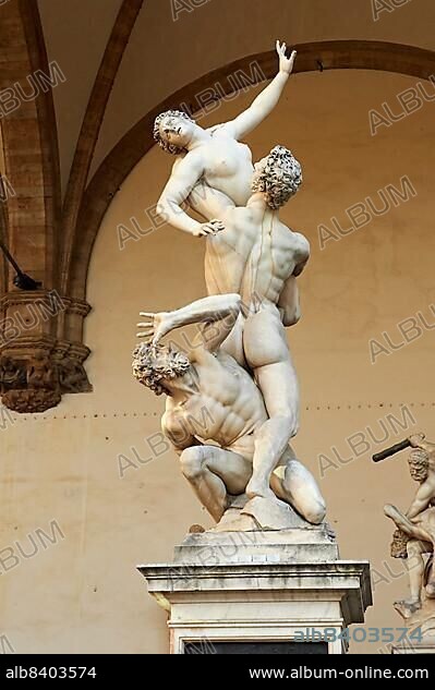 The Rape of the Sabine Women by the Flemish artist Jean de Boulogne (Giambologna). Made from one imperfect block of white marble, the largest block ever transported to Florence. The Loggia dei Lanzi, also called the Loggia della Signoria, Piazza della.