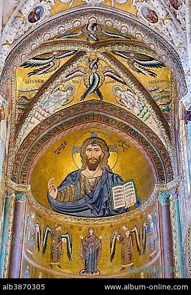 Christ Pantocrator mosaic in Byzantine style, presbyterium of Santissimo Salvatore Cathedral, Cefalù Cathedral, Cefalù, Province of Palermo, Sicily, Italy, Europe.