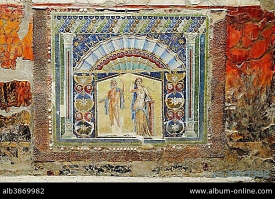 Neptune and Amphitrite, mosaic, Casa di Nettuno e Anfitrite, House of Neptune and Amphitrite, archaeological site, Herculaneum, Ercolano, Naples, Campania, Italy, Europe.