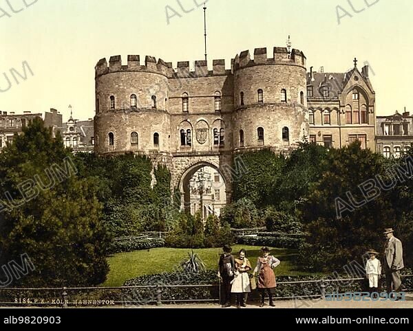 Hahnentorburg is one of the original twelve gate castles in the eight-kilometre-long medieval city wall of Cologne; North Rhine-Westphalia; Germany; Historic; digitally restored reproduction of a photochrome print from the 1890s; Europe.