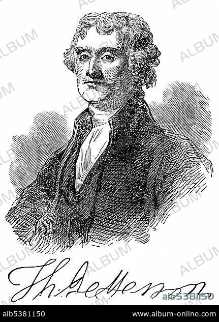 Historical drawing from the U.S. history of the 19th century, portrait of Thomas Jefferson, 1743 - 1826, the third president of the United States and principal author of the Declaration of Independence.