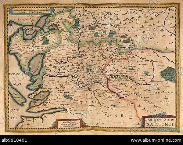 Atlas; map from 1623; Saintonge is the name of a former province in the west of France; Xaintonge; digitally restored reproduction from an engraving by Gerhard Mercator; born as Gheert Cremer; 5 March 1512; 2 December 1594; geographer and cartographer.