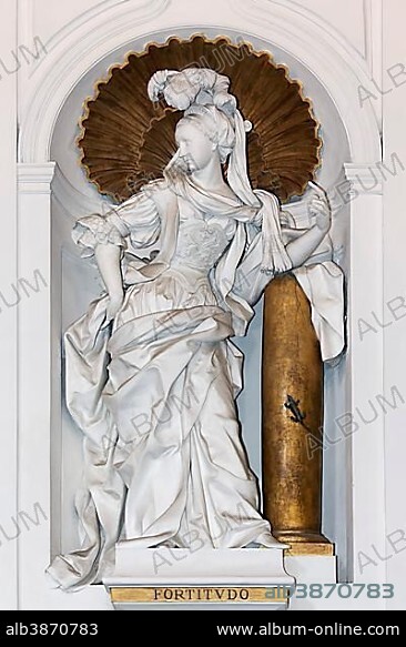 Baroque female stucco statue, "Virtue of Courage" by Giacomo Serpotta, Oratorio del Rosario di San Domenico, Palermo, Sicily, Italy, Europe.