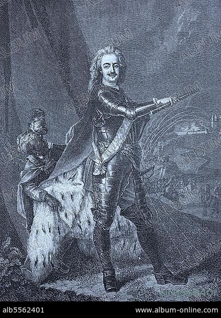 Jugendbildnis von Leopold I. Fürst von Anhalt-Dessau, 3. Juli 1676, 7. April 1747, war ein deutscher Fürst aus dem Hause Askanien und Herrscher des Fürstentums Anhalt-Dessau, er war auch Generalfeldmarschall in der preußischen Armee, bei der Eroberung der kleinen französischen Festung Aire, 1710, digitale verbesserte Reproduktion eines Originaldrucks aus dem 19. Jahrhundert.