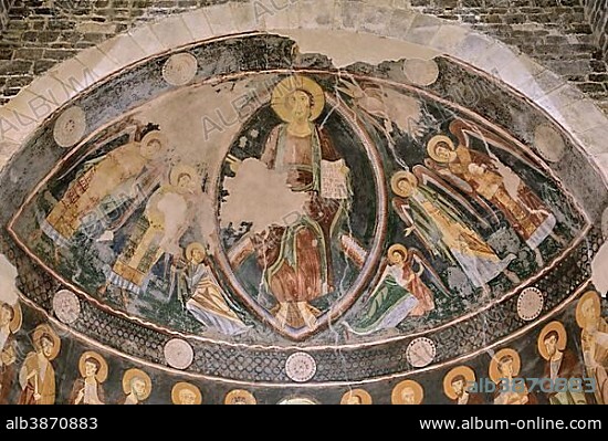 Frescoes in abbey church, Basilica della Santissima Trinità di Saccargia, Province of Sassari, Sardinia, Italy, Europe.