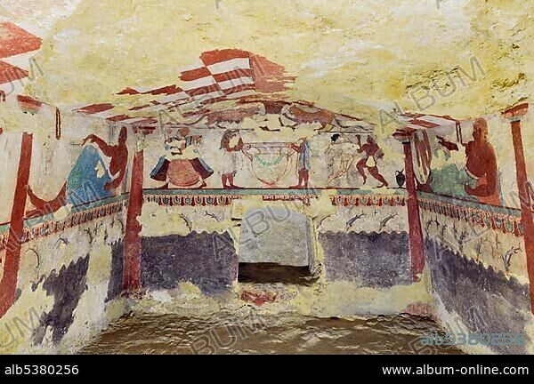 Frescoes, Tomba delle Leonesse, Tomb of the Lionesses, one of the Etruscan grave chambers of Monterozzi Necropolis, 6th to 2nd century BC, Tarquinia, Lazio, Italy, Europe.