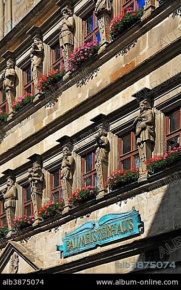 Sandstone facade, Baumeisterhaus, 1596, Rothenburg ob der Tauber, Middle Franconia, Bavaria, Germany, Europe.