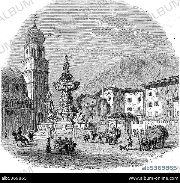 Cathedral Square with the Neptune Fountain in Trento, 1870, historical woodcut, Italy, Europe.