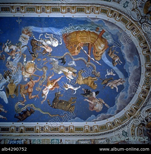 Antonio Giovanni de Varese, Giovanni de Vecchi, Raffaellino da Reggio. Italian school. Ceiling mural depicting constellations and signs of the zodiac (detail). Fresco from Sala Del Mappamondo (Hall of the World Maps) . Palazzo Farnese, Caprarole.