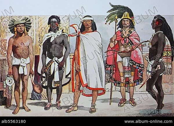 Kleidung, Mode in Mittelamerika, um 1520, von links, Priester des Regengottes Tlaloc, dann ein Opferpriester, einer vom Stamm der Mixteken, der König, vielleicht Montezuma, mit goldenem Diadem und Federschmuck, und ein Priester der indianischen Fakire im Stil der Selbstquälerei, digital restaurierte Reproduktion einer Originalvorlage aus dem 19. Jahrhundert.