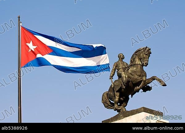 Equestrian statue of Antonio Maceo and Cuban flag, Havana, Cuba, Central America.