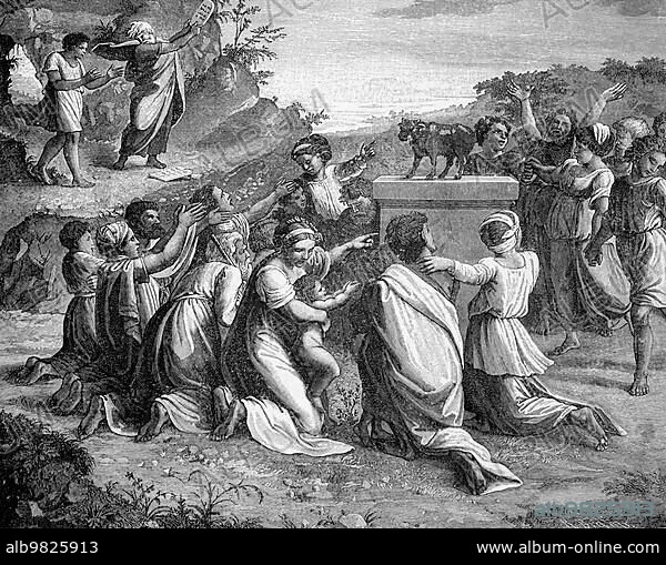 The Golden Calf; Second Book of Moses; Chapter 32; Verses 1-9; Old Testament; Bible; Moses; Tablets of the Law; worship; Aaron; altar; woman; men; offering; rejoicing; joy; people of Israel; landscape; historical illustration 1890.