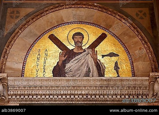 Saint Andrew, mosaic above the door of Amalfi Cathedral, Amalfi, Campania, Italy, Europe.