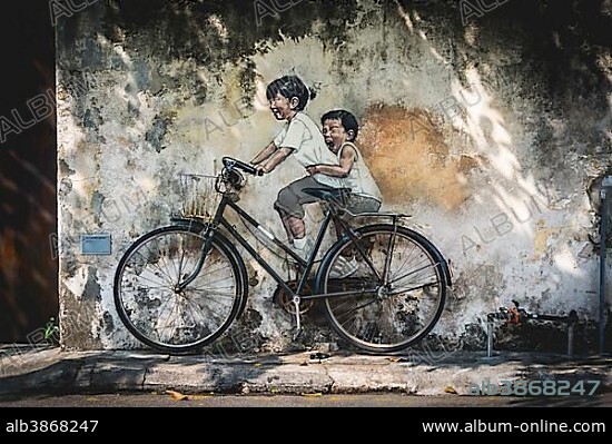 Little Children on a Bicycle, mural, Streetart, by Lithuanian artist Ernest Zacharevic, George Town Festival 2012, Armenian Street, George Town, Penang, Malaysia, Asia.