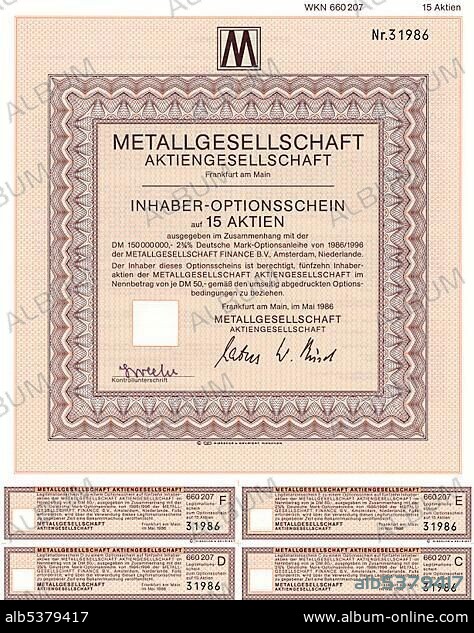 Securities certificate, bearer warrant, German mark, metal trading, Metallgesellschaft Aktiengesellschaft, Frankfurt am Main, Germany, Europe, now part of GEA Group AG, system supplier for the production of food and energy, 1986, Europe.