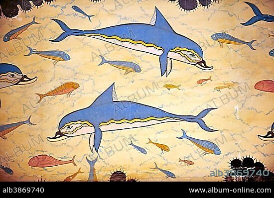 Dolphin Frescos, ancient city of Knossos, Crete, Greece, Europe.