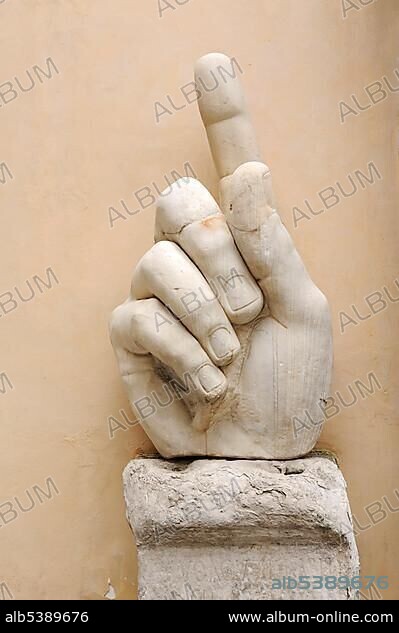 Colossal marble hand with raised index finger, part of a statue, Capitoline Museums, Rome, Italy, Europe.