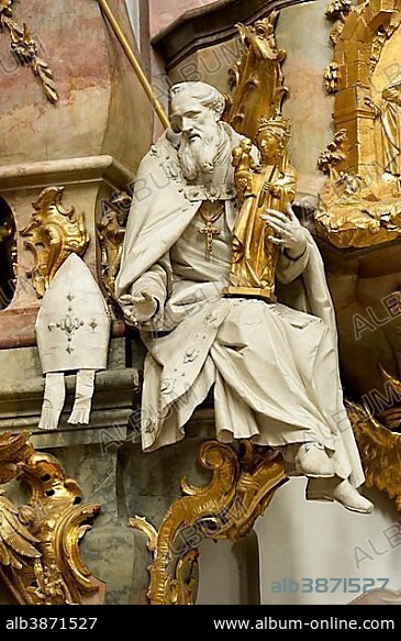 Figure of St. Korbinian with Altötting Madonna, baroque Church of the Assumption of St. Mary, Ettal Abbey, Ettal, Upper Bavaria, Bavaria, Germany, Europe.