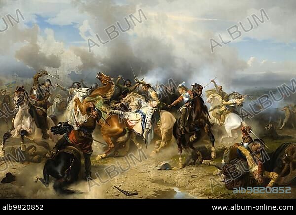 Death of Gustav II Adolf (19 December 1594) (16 November 1632) of the House of Wasa; King of Sweden from 1611 to 1632; after the Battle of Lützen; one of the main battles of the Thirty Years' War; on 16 November 1632; between a Protestant; predominantly Swedish army led by the Swedish King Gustav II Adolf and the predominantly Catholic imperial troops under Albrecht von Wallenstein; Historical; digitally restored reproduction from an original of the period; Death of Gustav II Adolf 19 December 1594; 16th century.