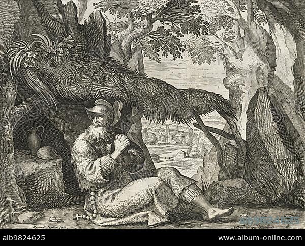 The hermit Guilielmus; also called Wilhelmus and Gulielmus; Abbot of Eskil in Denmark; was born in Paris around 1105 of noble parents from Sylvae Sacrae by Rafael Sadeler (c. 1600); Historical; digitally restored reproduction from a 19th century original.