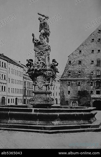 Ratswaage building and Herkulesbrunnen fountain, Zittau, Saxony, Germany, Europe, historical photo about 1899, Europe.