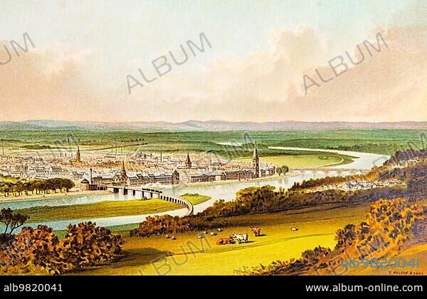 City of Perth; River Tay; landscape; from above; agriculture; cattle; bridge; plain; church spires; houses; historical illustration 1889; Scotland; Great Britain.