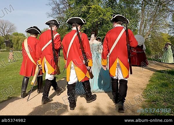 Men wearing Prussian infantry uniform, members of the community of interests for historical performance of the 18th century, moated castle Linn, Krefeld, NRW, Germany, Europe.