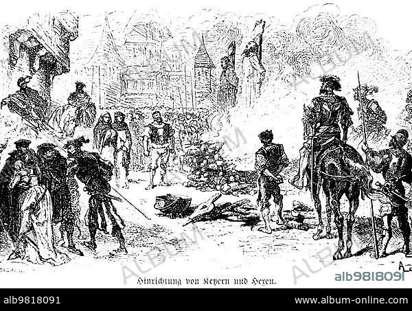 Witch burning; heretics; persecution; kill; medieval method; witchcraft; street scene; spectators; soldiers; horsemen; buildings; important woman; 17th century; history; historical illustration 1894.