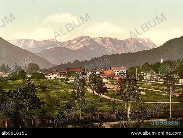 View from Oberau near Garmisch-Partenkirchen to the Zugspitze; Upper Bavaria; Germany; Historic; Photochrome print from the 1890s; Europe.