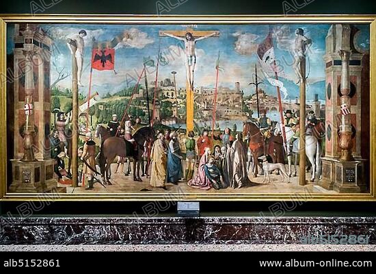 Crucifixion of Jesus, painting by Michele da Verona, 1470 - 1536, Renaissance, Pinacoteca di Brera, Milan, Lombardy, Italy, Europe.