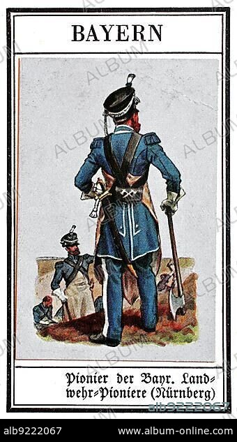 German uniforms of the 19th century, Other troops: Bavaria, Pioneer of the Bavarian Landwehr Pioneers from Nuremberg, Historical, digitally restored reproduction of a public domain collector's picture from the early 20th century.