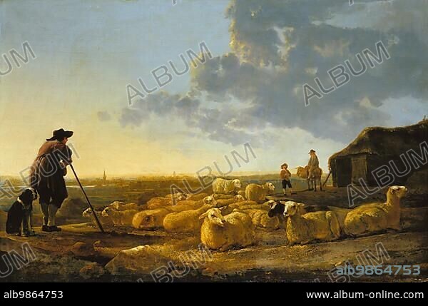 Flock of Sheep with Shepherd in the Landscape, c. 1850, Germany, Historic, digitally restored reproduction from a 19th century original, Europe.