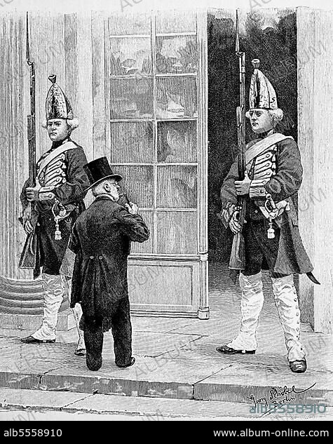 Adolph Friedrich Erdmann Menzel, ab (1898) von Menzel, 8. Dezember 1815, 9. Februar 1905, ein deutscher Maler, Zeichner und Illustrator, betritt als Ehrengast das Kaiserschloß Sanssouci in Potsdam, Deutschland, Historisch, digital restaurierte Reproduktion einer Originalvorlage aus dem 18. Jahrhundert, genaues Originaldatum nicht bekannt.