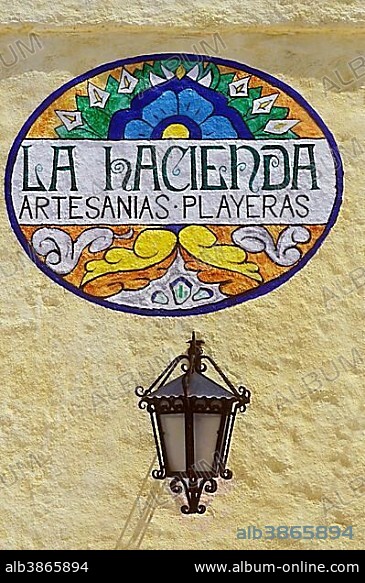 La Hacienda, sign of handicraft shop, Playa del Carmen, Quintana Roo, Yucatan Peninsula, Mexico, North America, Central America.