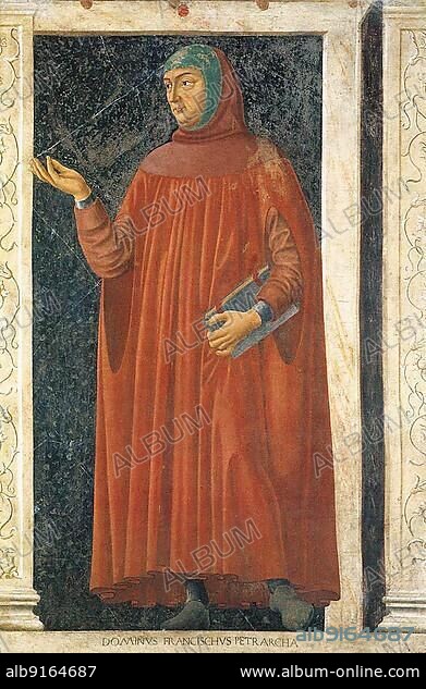 Francesco Petrarch (born 20 July 1304) (died 18 July 1374) was an Italian poet and historian. Detail of a fresco by Andrea di Bartolo di Bargilla (c. 1450), Historic, digitally restored reproduction of a 19th century original, exact original date unknown.