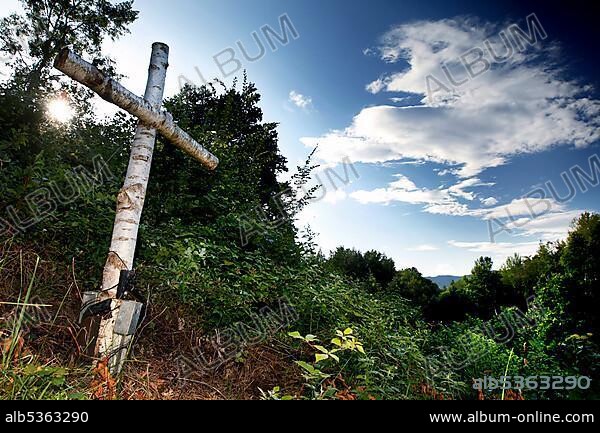 Birch cross, memorial cross for Heinz-Josef Große at the former German-German border, death strip, Kolonnenweg, Lochplattenweg, Grünes Band, Grenzweg, Werratal, Border Museum Schifflersgrund, Asbach-Sickenberg, Eichsfeld County, Thuringia, Germany, Europe.
