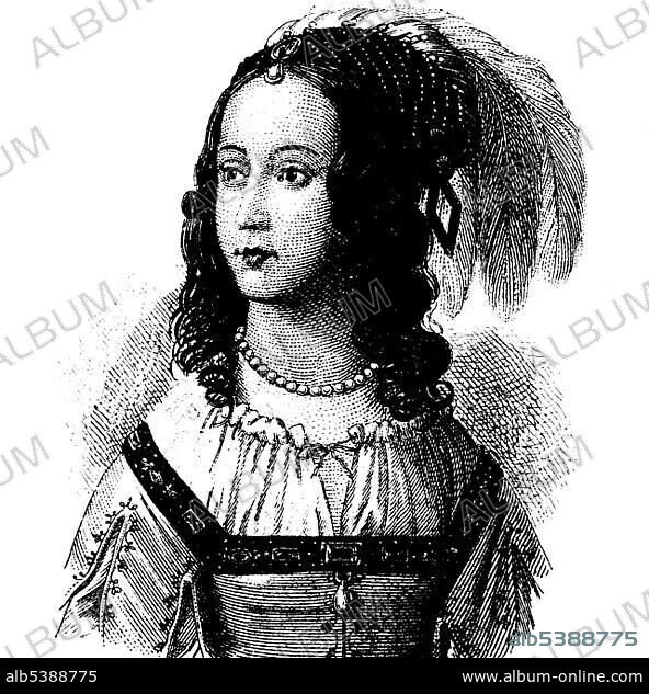 Fashion in the Middle Ages: collar and headdress, in 1630, historical illustration.