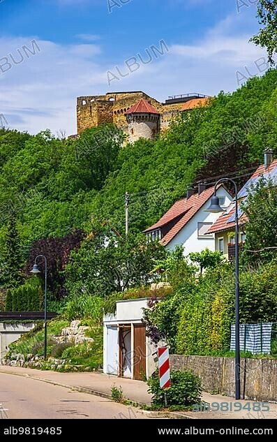 View of the ruins of Hohenrechberg Castle; a medieval Spornburg; seen from Rechberg; a district of Schwäbisch Gmünd; Baden-Württemberg; Germany; Europe.