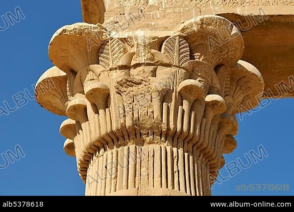 Capital of complex campaniform column from Ptolemaic era, Kiosk of Qertassi or Kertassi at Temple of Kalabsha, Mandulis, near Aswan, Egypt, North Africa, Africa.