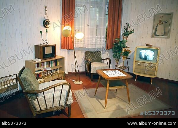 Reproduction of a typical east-german living room from the fifties in the exhibition The Story of Berlin, Berlin, Germany, Europe.