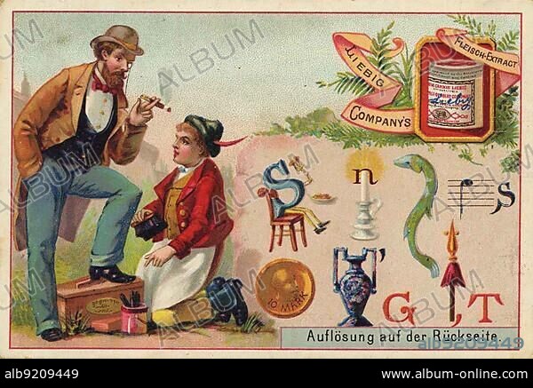 Picture series Riddle, Shoeshine boy cleaning the shoes of a gentleman with a cigar, digitally restored reproduction of a collectors picture from c. 1900.