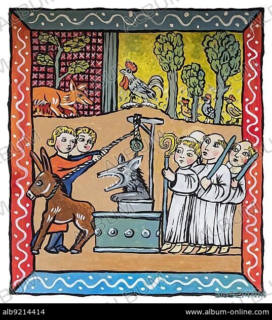 Medieval illustration of the Reynard the Fox fable showing the wolf Isengrim, Ysengrim in a water well.
