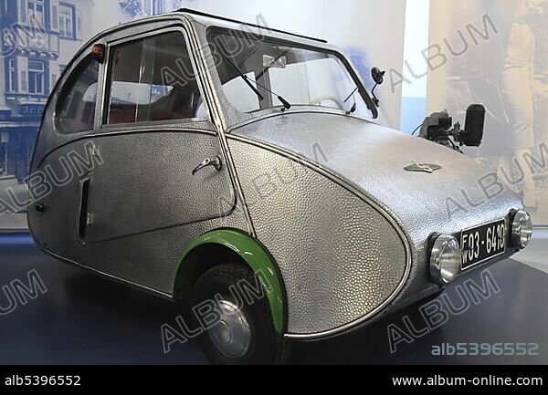 Fuldamobil N4, built in 1954 by Elektromaschinenbau GmbH Fulda, timber chassis with aluminum plate, ErfinderZeiten: Auto- und Uhrenmuseum, Time of Innovators: Museum of Cars and Clocks, Schramberg, Black Forest, Baden Wuerttemberg, Germany, Europe.