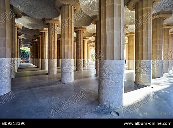 Barcelona. Catalonia. Spain. Columns and Domes of Hypostyle Room in Park Guell.