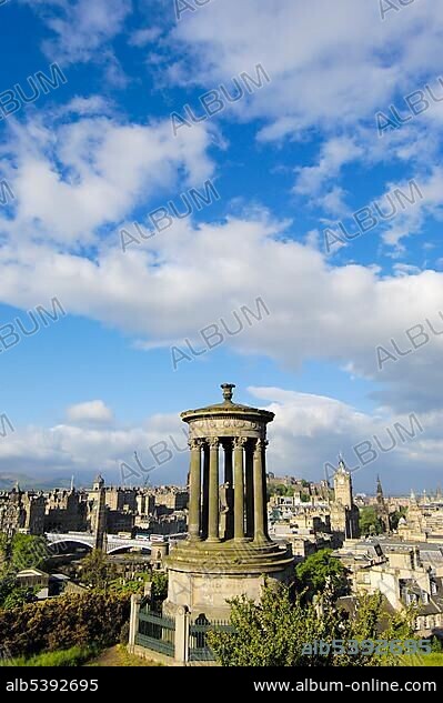 Dugald Stewart Monument and Princes Street at back, Calton Hill, Edinburgh, Lothian Region, Scotland, United Kingdom, Europe.